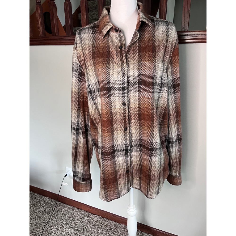 Express Mens Brown Tan Plaid Long‎ Sleeve Button Down Flannel Shirt Large